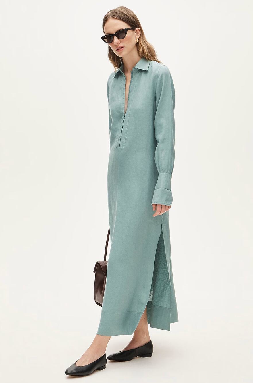 J Crew Linen Tunic Maxi Dress XS NWT Seaglass Green CS955 Coastal Luxury Resort